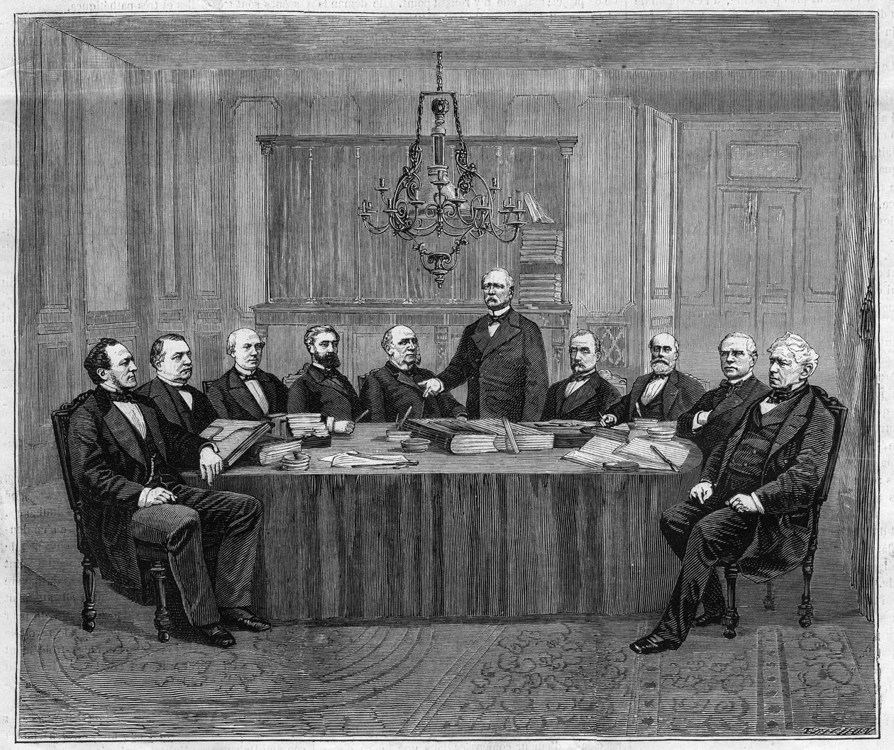 A Minisztertanács Versailles-i ülése. Balról jobbra: Louis Buffet (1818-1898), belügyminiszter; Leon Say (1826-1896), pénzügyminiszter; Henri Wallon (1812-1904), közoktatási, istentiszteleti és képzőművészeti miniszter; Alfred alkotó: Unknown artist