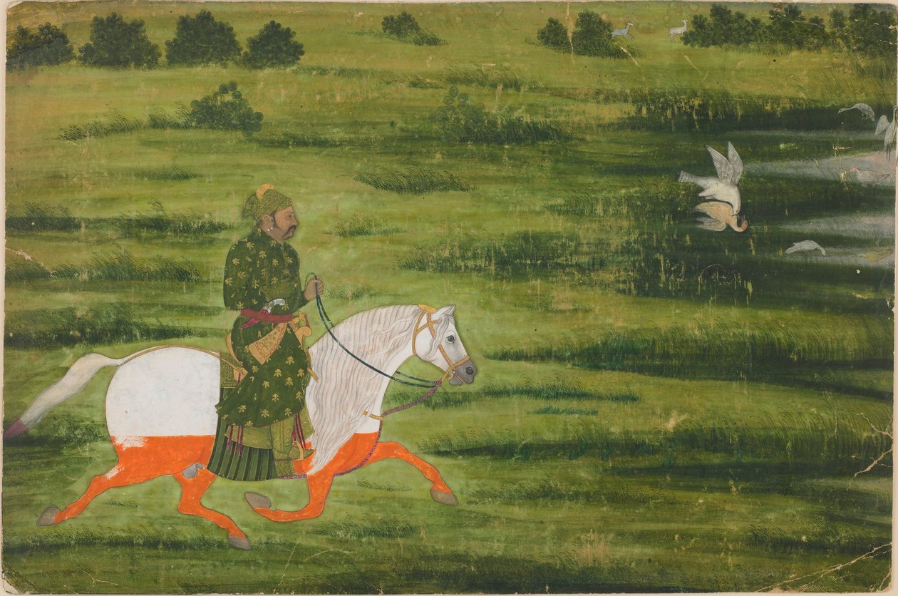 Egy lovas ember, aki madarakra vadászik egy sólymával alkotó: Unknown artist