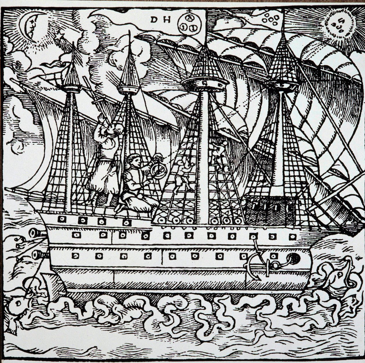 Egy navigátor egy portugál karavellán asztrolábium segítségével. Metszet Hans Staden német hajós (1525-1579) utazási történeteiből alkotó: Unknown artist