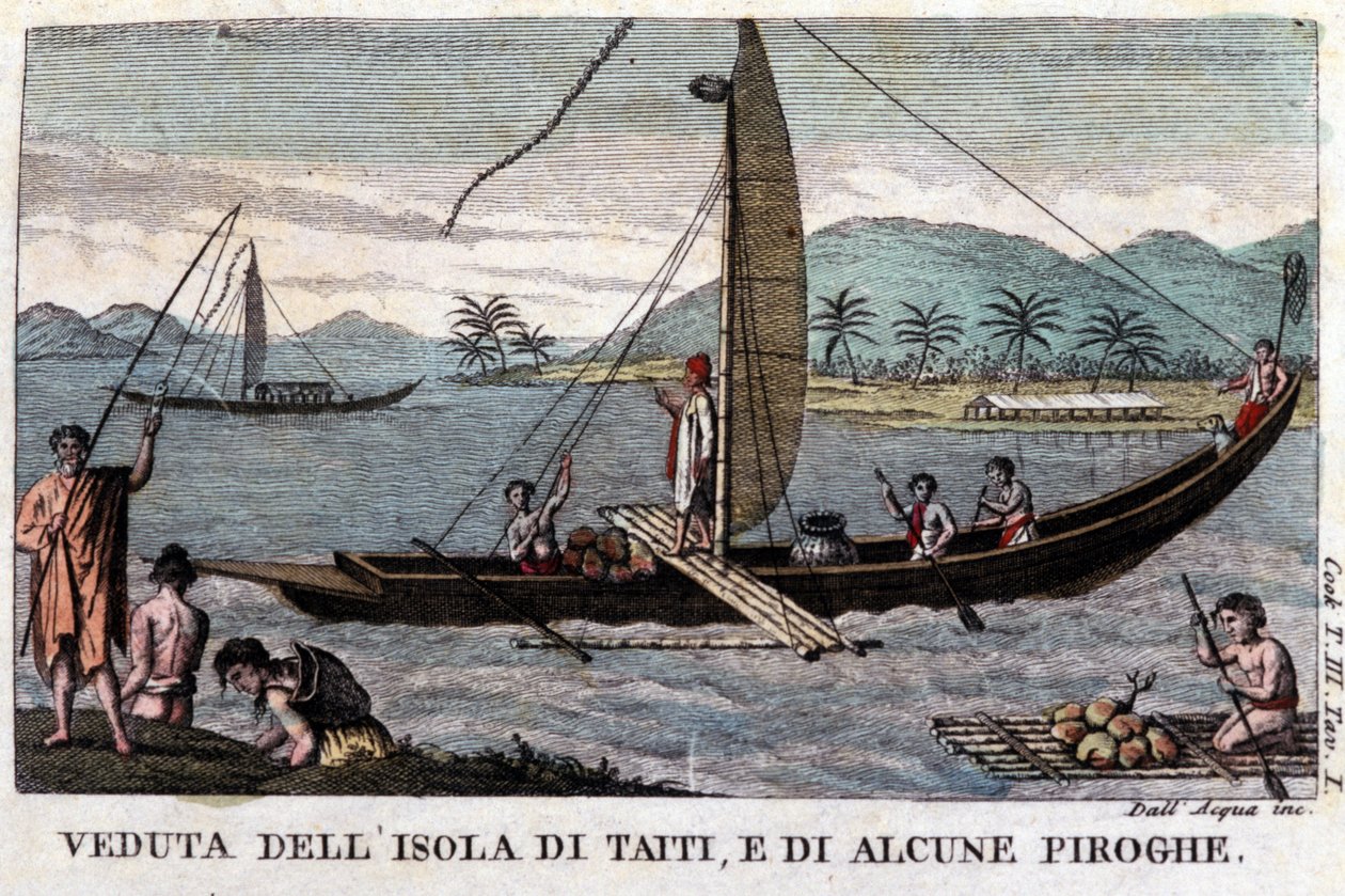 Egy polinéz lengőkenu Tahitin. A fedélzeten egy rakomány kókusz- és kenyérfa gyümölcs. századi litográfia alkotó: Unknown artist
