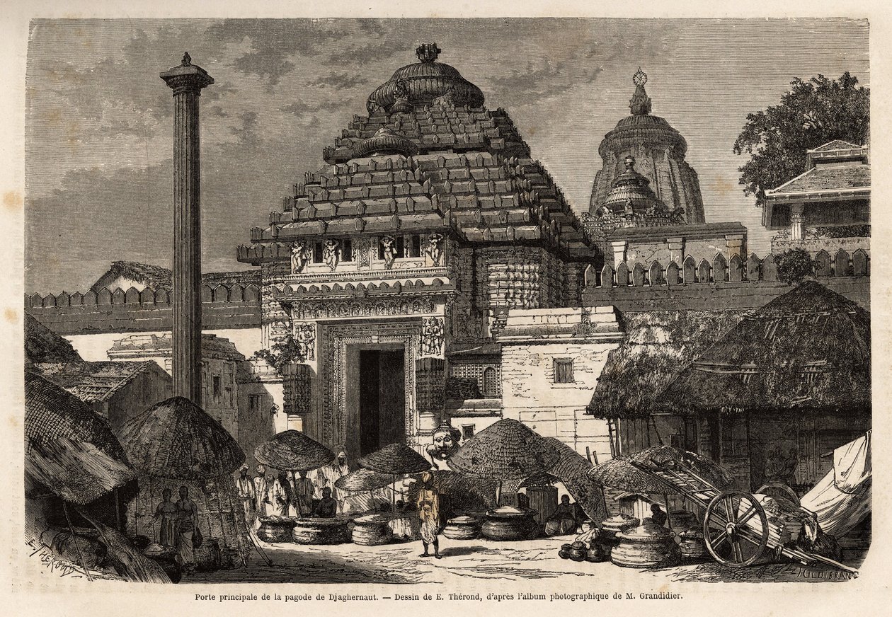 Népszerű séta a Djaghernaut Pagoda (1200 körül épült) főkapuja előtt, amely egy szent város és egy zarándokhely Dél-Bengáliában. Alfred Grandidier 1862-1864-es metszetét India meridionális tartományaiban tett utazás szemléltetésére, publikálják alkotó: Unknown artist