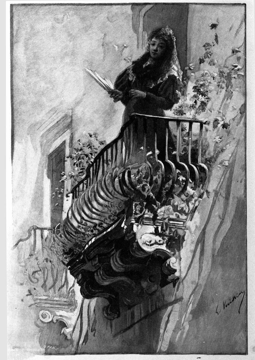Egy csinos nőnek virágos erkélye van egy nyári estén Syracusában. Szicília Metszet a 19. századból alkotó: Unknown artist