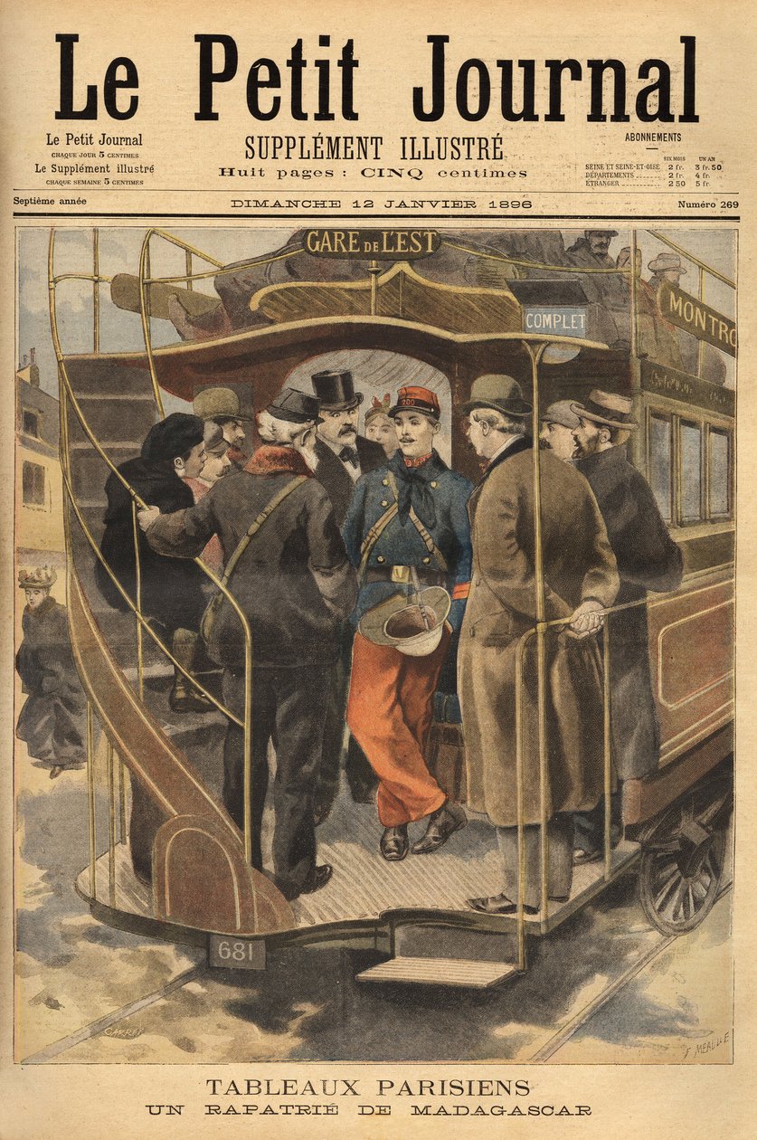Madagaszkár hazatelepültje az omnibusz peronján, körülvéve a csodálatra méltó tömegtől. Metszet a „” Le petit Journal”-ban 1896.01.26. Selva gyűjteménye. alkotó: Unknown artist