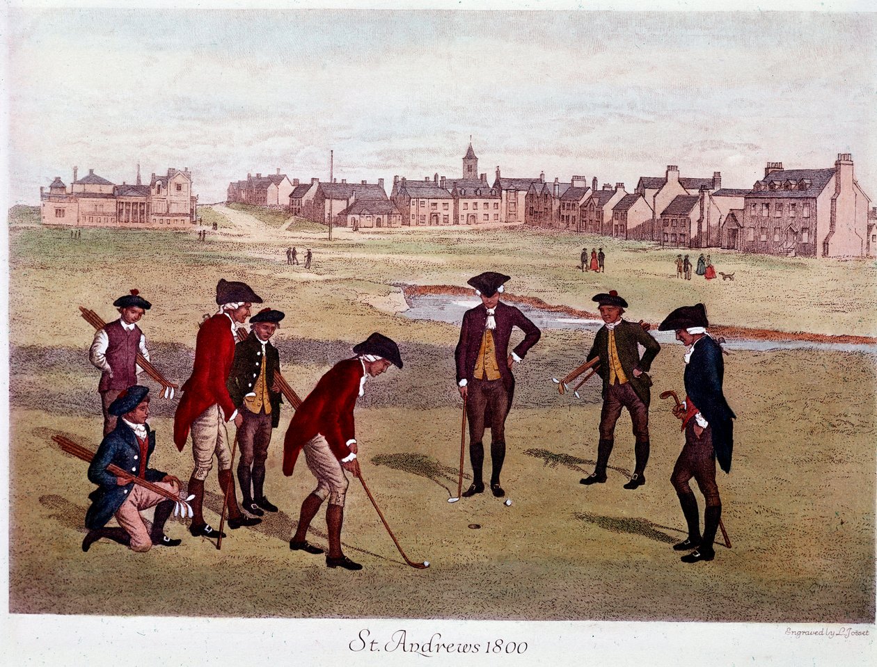 Egy golfkör brit urakkal a skóciai St. Andrews-ban 1800-ban, ahol a játék létrejött. századi Párizs litográfiája, díszítőművészet alkotó: Unknown artist