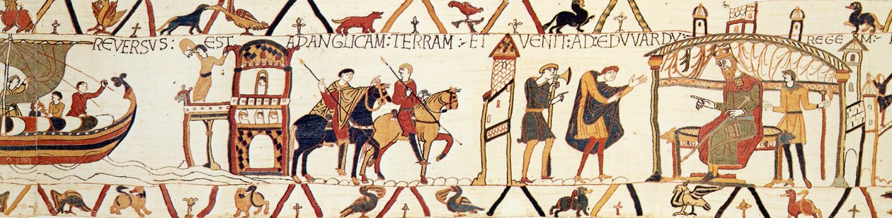 Jelenet a Bayeux-i kárpitból, amely Edward királyt ábrázolja, aki Harolddal beszélget alkotó: Unknown artist