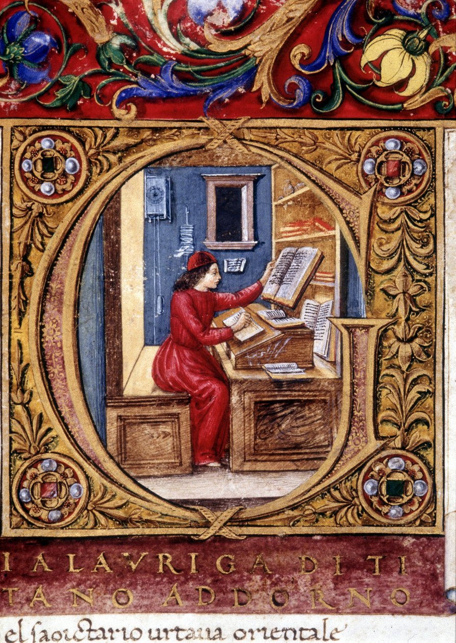 Tudós - a falon, az egyik első ingaábrázolás ("" g betű"). 15. századi kézirat. alkotó: Unknown artist