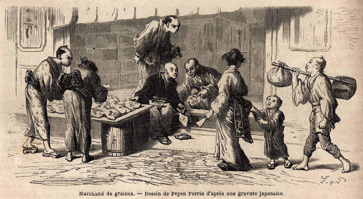 Egy vetőmagkereskedő az utca közepén. Aime Humbert, a Svájci Államszövetség minisztere által az 1863-1864-es japán utazást illusztráló metszet a „Le tour du monde, nouveau Journal des voyages” című kiadványában, amelyet Edouard Charton irányítása alatt adt alkotó: Unknown artist