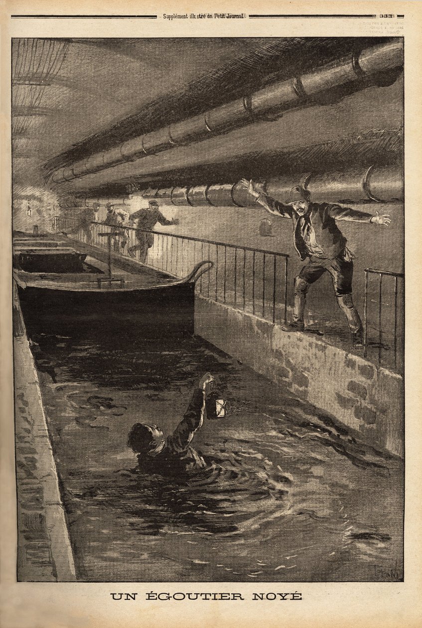 Egy párizsi vándort egy fantáziadús származék tisztítása fullad meg. Metszet a „” Le petit journal”-ban 1899. 15. 09. Selva kollekció. alkotó: Unknown artist
