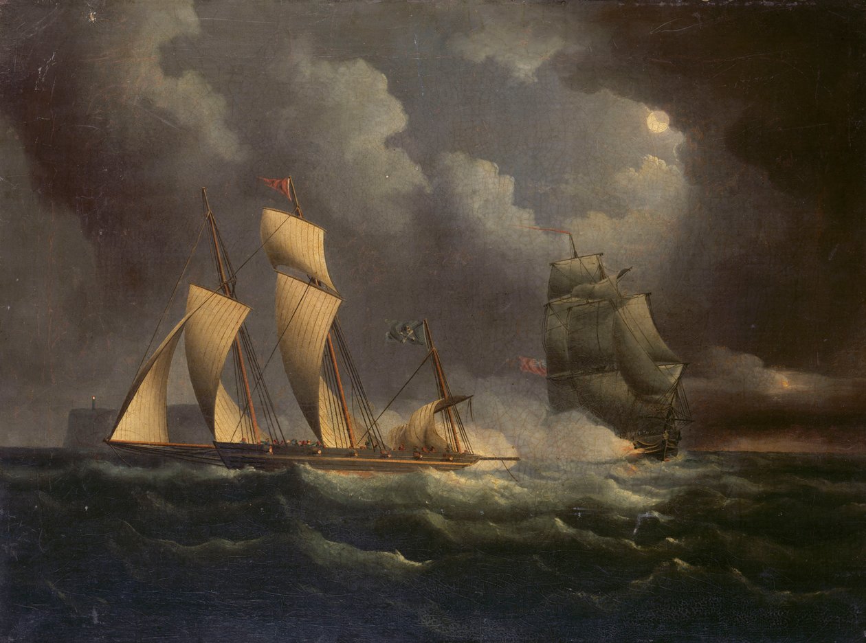 Egy csempészhajó, amelyet egy tengeri brigg üldöz, 1825 körül (olaj, vászon) alkotó: Unknown artist