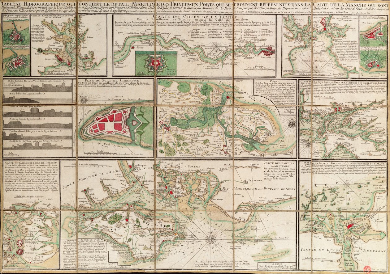 A La Manche csatorna térképén ábrázolt főbb tengeri kikötők adatait tartalmazó táblázat, 1780 körül (papír, vászon) alkotó: Unknown artist