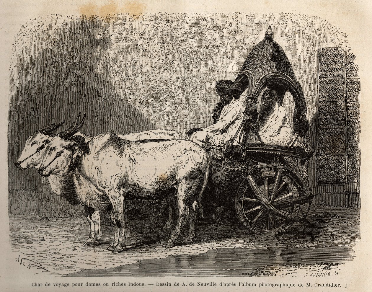 Két fehér ökör által kilőtt utazótank hölgyeknek vagy gazdag hinduk számára. Alfred Grandidier 1862-1864-es metszete India meridionális tartományaiban való utazás szemléltetésére, megjelent a „le tour du monde”-ban, D