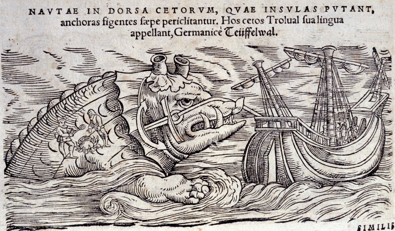 Egy bálna összetévesztve egy szigettel. Két ember tüzet gyújt egy tengeri szörny hátán. Conrad Gesner (1516-1565), Tiguri Historia Animalium metszete alkotó: Unknown artist