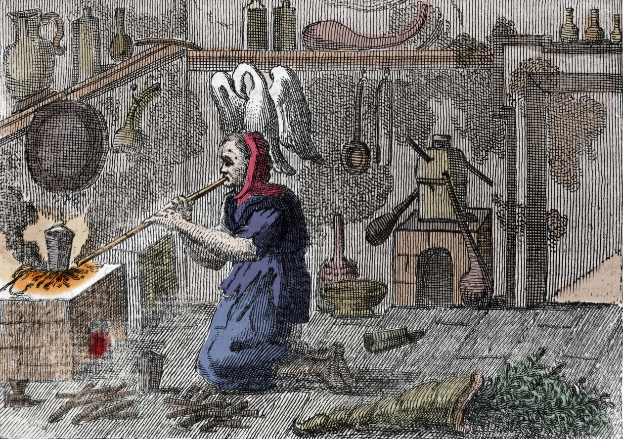 Egy boszorkány a laboratóriumában, aki varázsitalt készít, igaz, varázsfüvekkel teli szarvat. századi metszet alkotó: Unknown artist