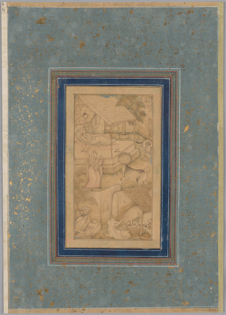 Egy nő összetéveszti a tehenet a Halál angyalával, a Canopus fényeiből (Anwar-i Suhaili) Kashifiból (iráni, megh. 1504) alkotó: Unknown artist