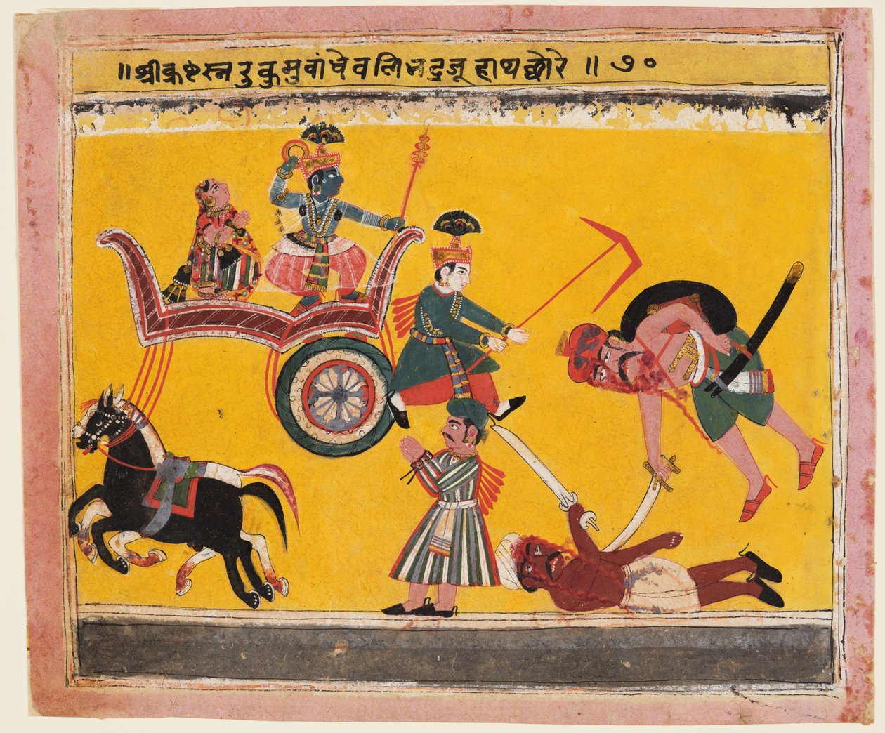 Rukmini elrablása: Krisna megkötötte Rukma kezét egy Bhagavata Puránából alkotó: Unknown artist