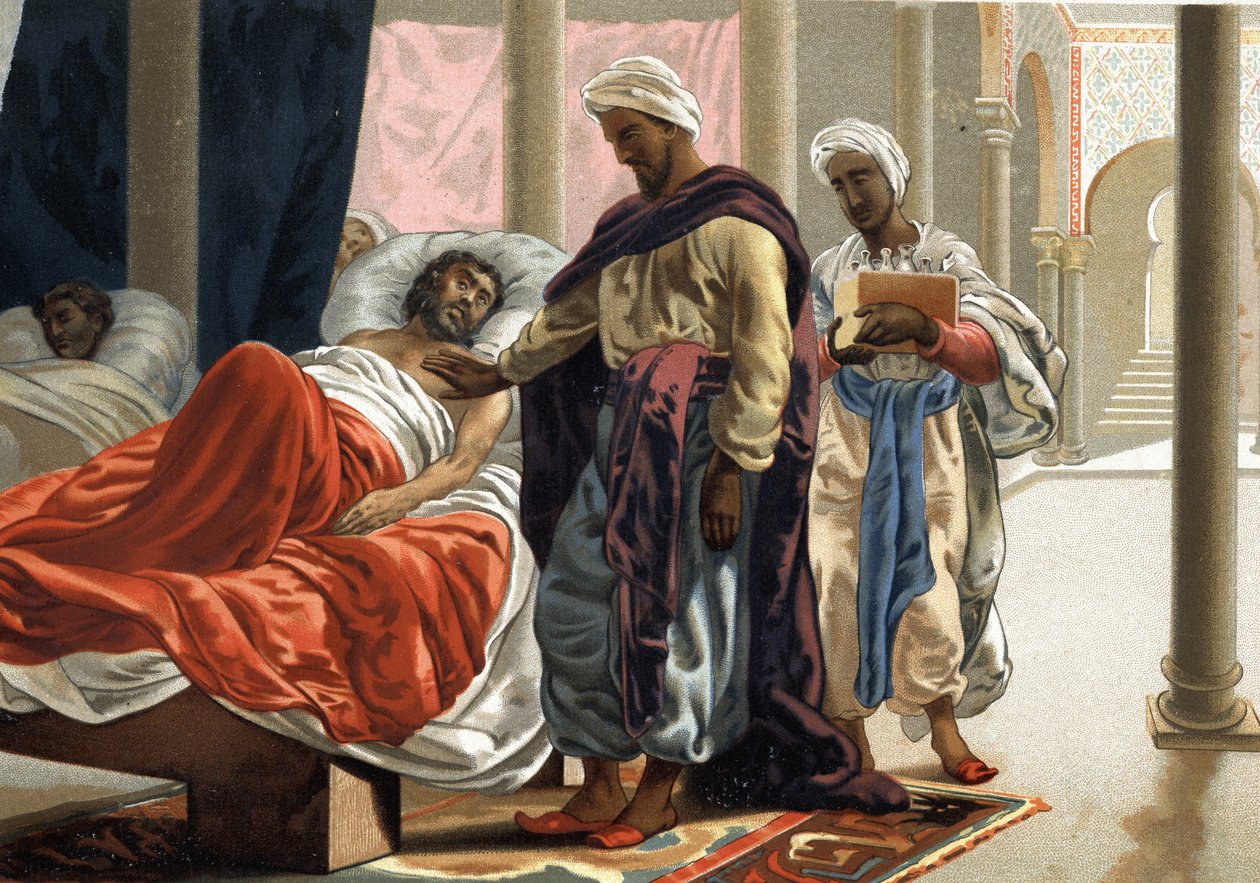 Abulcasis (Abul Qasim ibn Khalaf al-Abbas al-Zahrawi (i.sz. 936 - 1013) beteg személy gondozása Spanyolországban 1000 körül. Louis Figuier „La Ciencia y sus Hombres” szerint. Barcelona 1881 alkotó: Unknown artist