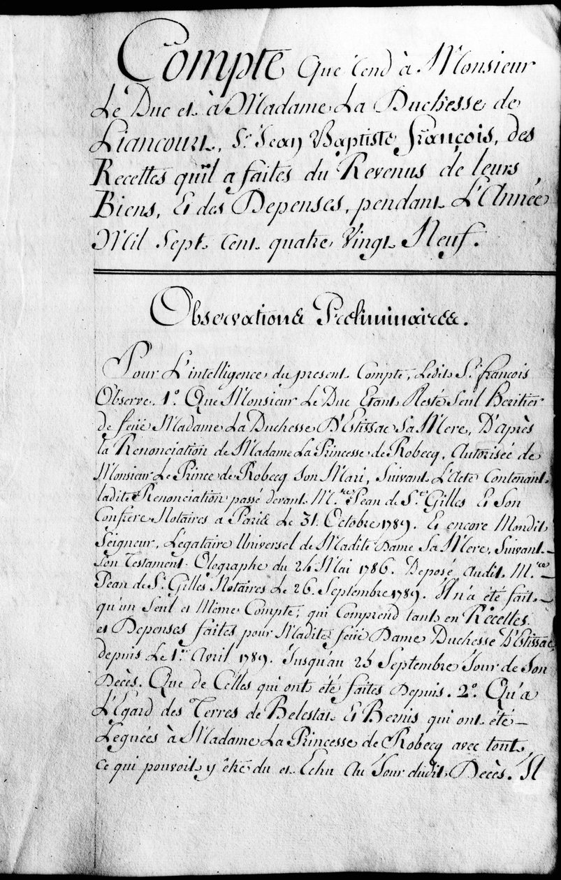 Rochefoucauld Liancourt herceg tulajdonának 1789. évi számlakönyve. alkotó: Unknown artist