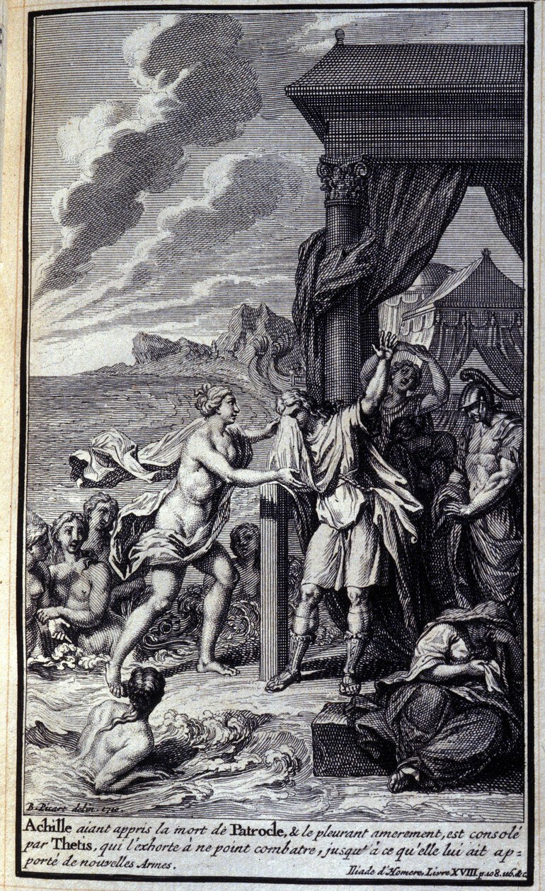 Akhilleusz, aki meghallotta Patrocles halálát, és keservesen elsírta őt, Thetis megvigasztalja, és arra buzdította, hogy ne harcoljon, amíg új fegyvereket nem hoz neki. A Homérosz Iliász XVIII. könyvének illusztrációja, francia kiadás alkotó: Unknown artist
