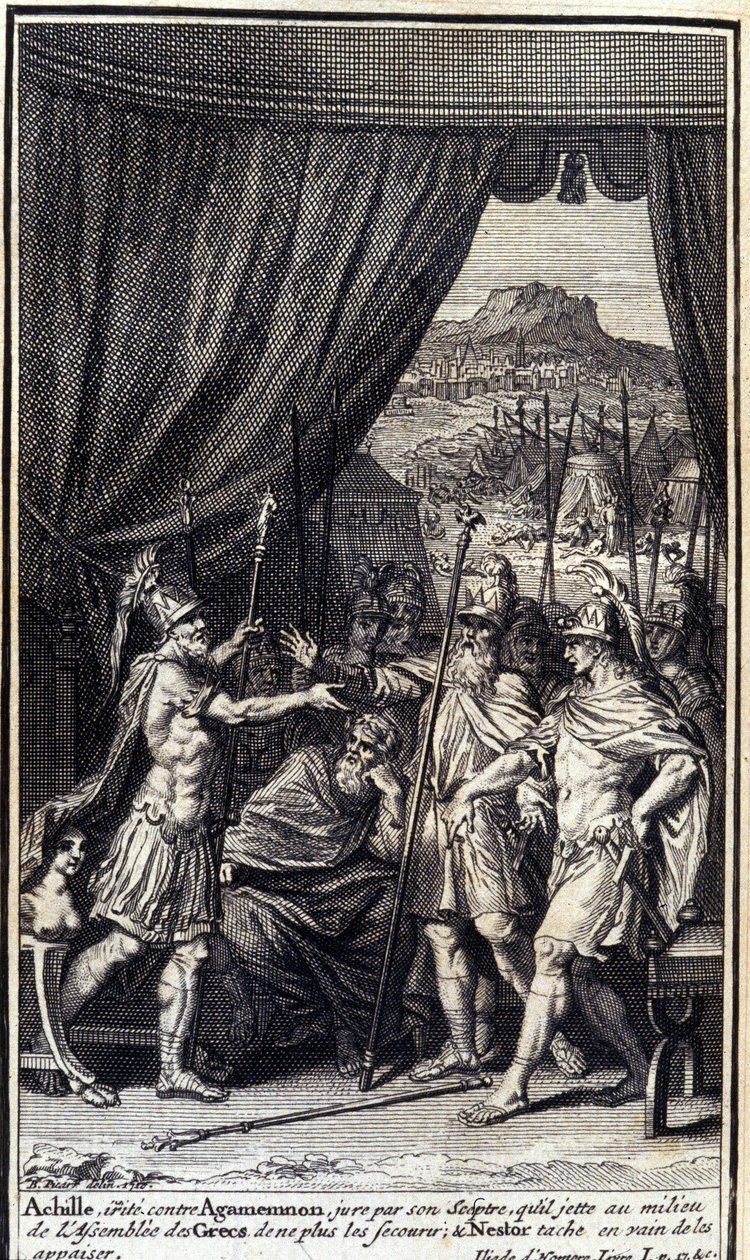 Agamemnon ellen ingerült Akhilleusz a pálcájára esküszik, hogy a görögök gyülekezetének közepébe dobja, hogy ne segítsen rajtuk; és Nestor hiába foltozza őket, hogy megnyugtassa őket. Homérosz Iliászának I. könyvének illusztrációja, francia kiadás alkotó: Unknown artist