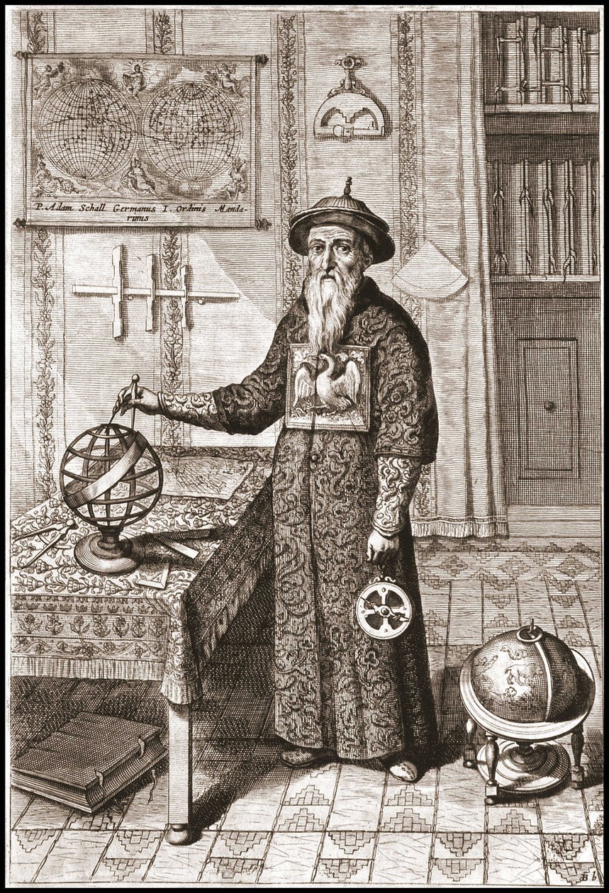 Adam Schall, csillagász (1592-1666) mandarin jelmezben, földi és égi földgömbökkel és asztrolábiummal – Athanase Kircher (vagy Athanasius Kircheri) „Kínában” alkotó: Unknown artist
