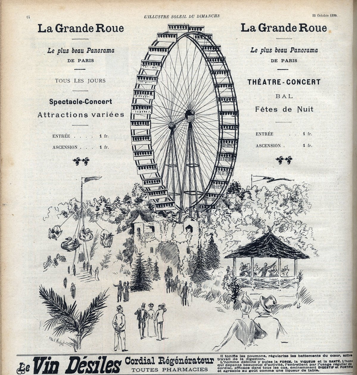 A város legszebb panorámáját kínáló párizsi Ferris Wheel reklámja 1 frankért. Metszet "" Le sun-du-dimanche"" alkotó: Unknown artist