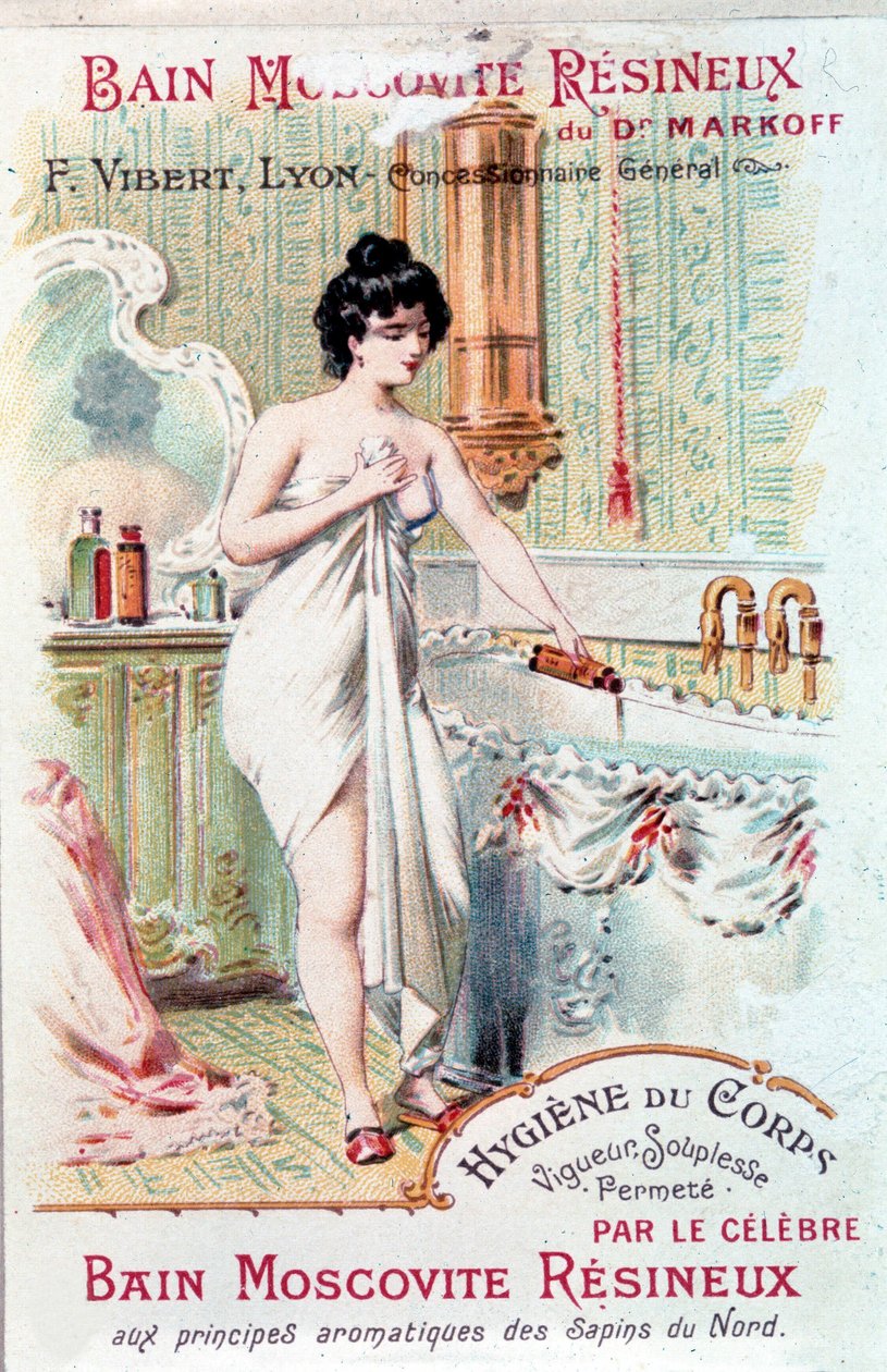 A Muscovite Resineux fürdő reklámja, a test higiéniájáért: egy fiatal nő fürdőolajat öntött a fürdőkádjába. 1890. alkotó: Unknown artist