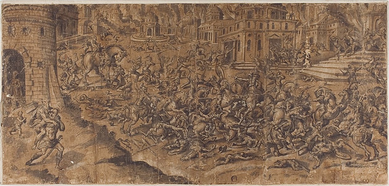 Aeneas elhagyja a lángoló Trója városát alkotó: Unknown artist