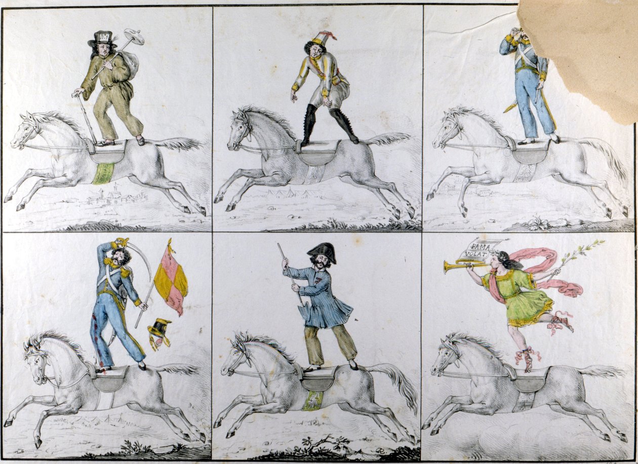 Műrepülés: Akrobatikus gyakorlatok lóháton. Metszés alkotó: Unknown artist