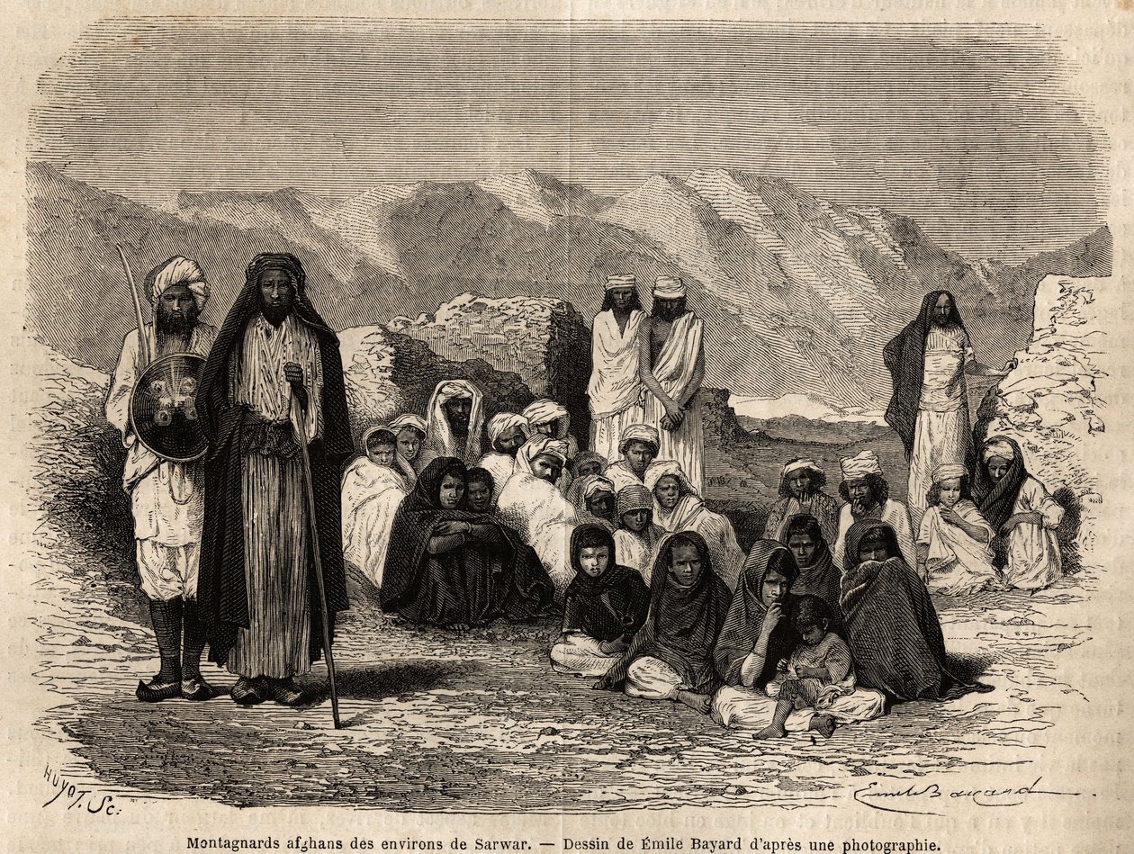 Afgán Montagnards Sarwar közelében. Metszet a pandzsábi és kasmíri utazás szemléltetésére, Guillaume Lejean története 1866-ban, amelyet a „Le tour du monde, nouveau Journal des voyages” adtak ki Edouard Charton irányítása alatt. alkotó: Unknown artist