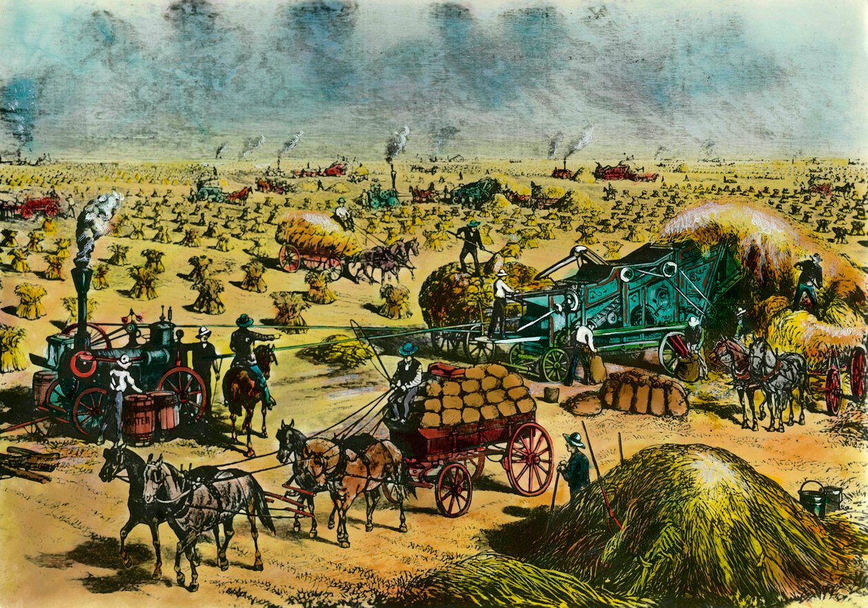 Mezőgazdasági forradalom: búza aratása Dakotában gőzgépekkel a 19. században. századi metszet. Párizs, dekoratív művészet alkotó: Unknown artist