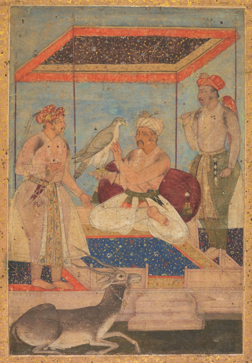 Akbar és Jahangir egy Ghir sólymot vizsgálnak, miközben Khusrau herceg áll mögötte alkotó: Unknown artist