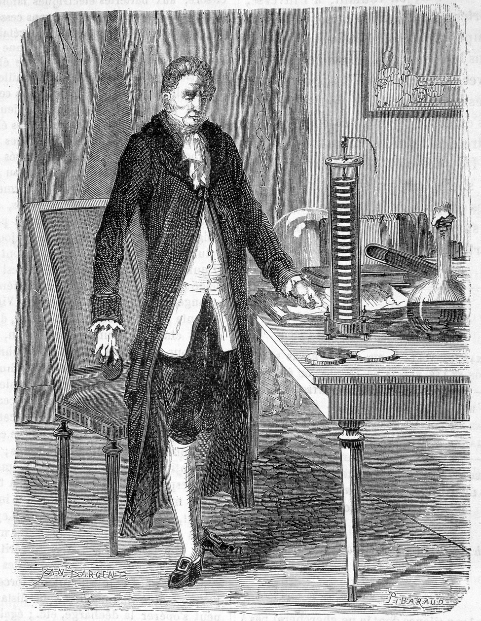 Alessandro (Alexandre) Volta 1799-ben építette az elektromotort vagy elektromos akkumulátort - metszet alkotó: Unknown artist