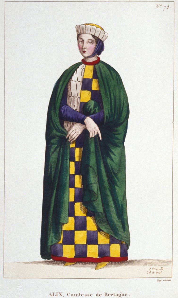 Alix de Thouars (1201-1221), Bretagne grófnője, Guy de Thouars, Bretagne hercegének lánya. Metszet 1830-ból. alkotó: Unknown artist