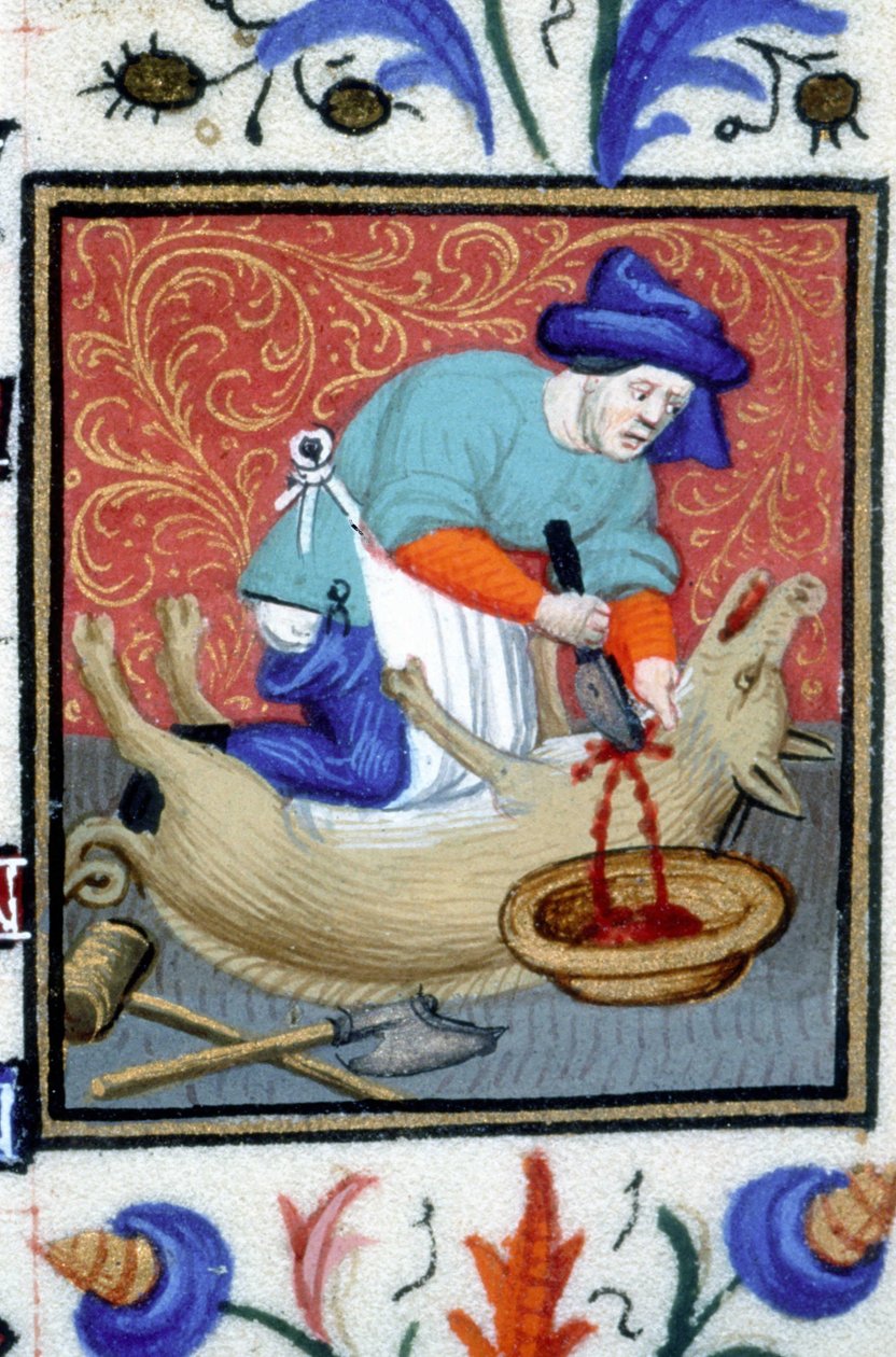 December allegorikus ábrázolása. Egy hentes megöl egy disznót. 14. századi kézirat miniatűrje. alkotó: Unknown artist