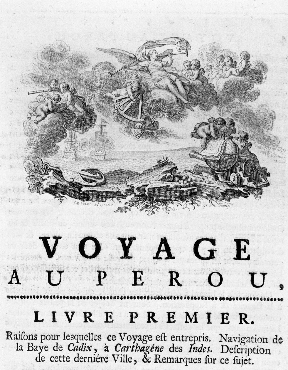 A „Perui utazás” allegóriája”. Illusztráció: "" Historical Journey of America Meridionale, a Spanyol Király Rendje által"", Don Georges Juan és Don Antoine de Ulloa, Librairie du Roi, Párizs alkotó: Unknown artist
