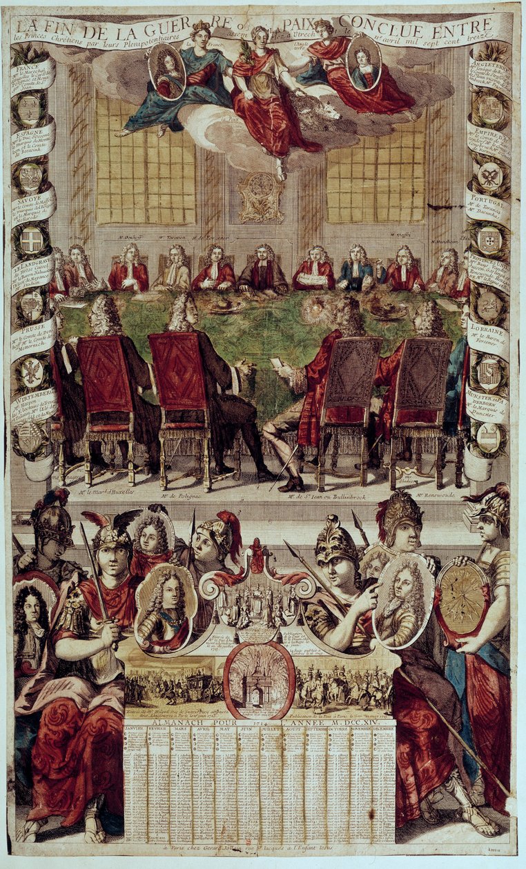 Almanach: a spanyol örökösödési háborút lezáró Utrechti Szerződés képviselete, amelyet Franciaországban (Polignac bíborosa) és Angliában írtak alá 1713. április 11-én. 1714. Paris, B.N. alkotó: Unknown artist