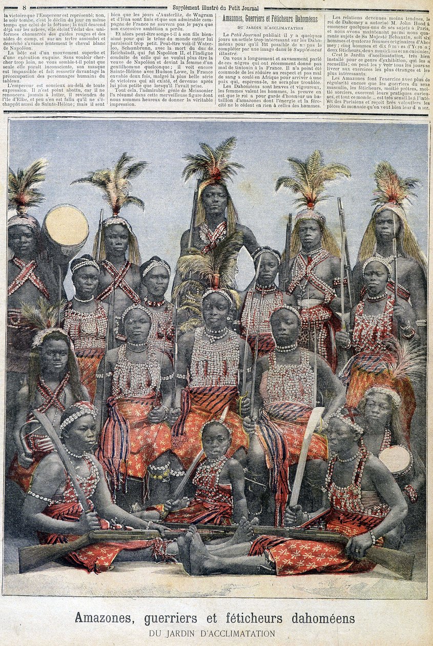 Amazonok, harcos és dahomei fétisherek (a mai Beninből), az akklimatizáció kertjéből – a „Le Petite Journal” 1891.02.28-i kiadványában alkotó: Unknown artist
