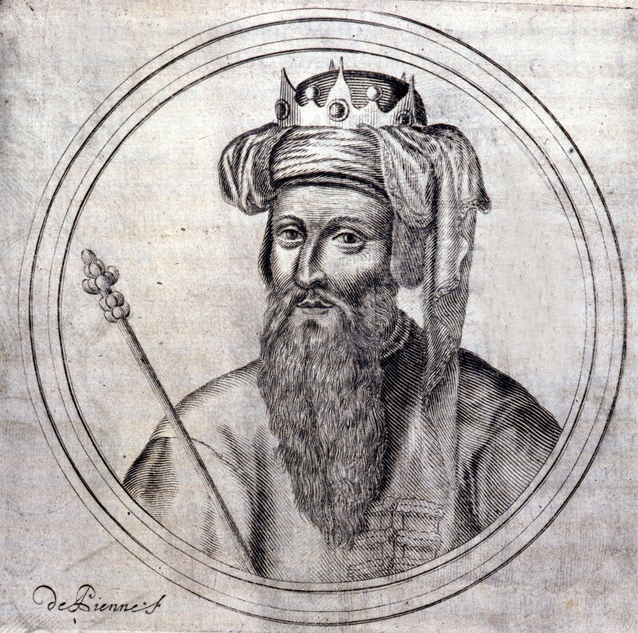 VIII. Amedeus (1383-1451), Savoyai gróf akkori herceg, utolsó ellenpápa V. Félix néven. Metszet a Savoyei Királyi Ház genealógiai történetébe, Samuel Guichenou, Lyon 1660. alkotó: Unknown artist