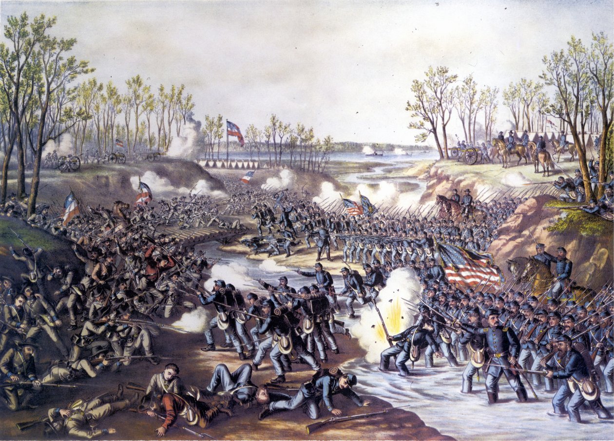 Amerikai polgárháború (1861 - 1865): Shiloh-i csata vagy pittsburgi partraszállás (Tennessee) 1862. április 6-7. Metszet a 19. századról. alkotó: Unknown artist