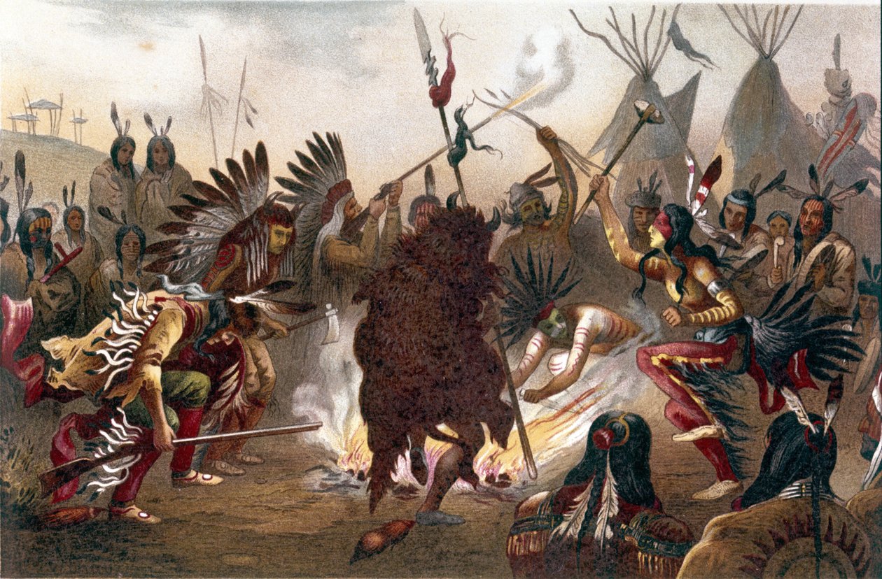 Amerikai indián rituálé (Dél-Dakota síksági indiánok): sziú háborús tánc. kromolitográfia Ratzel "" Az emberi faj" -ból, 1890 körül alkotó: Unknown artist