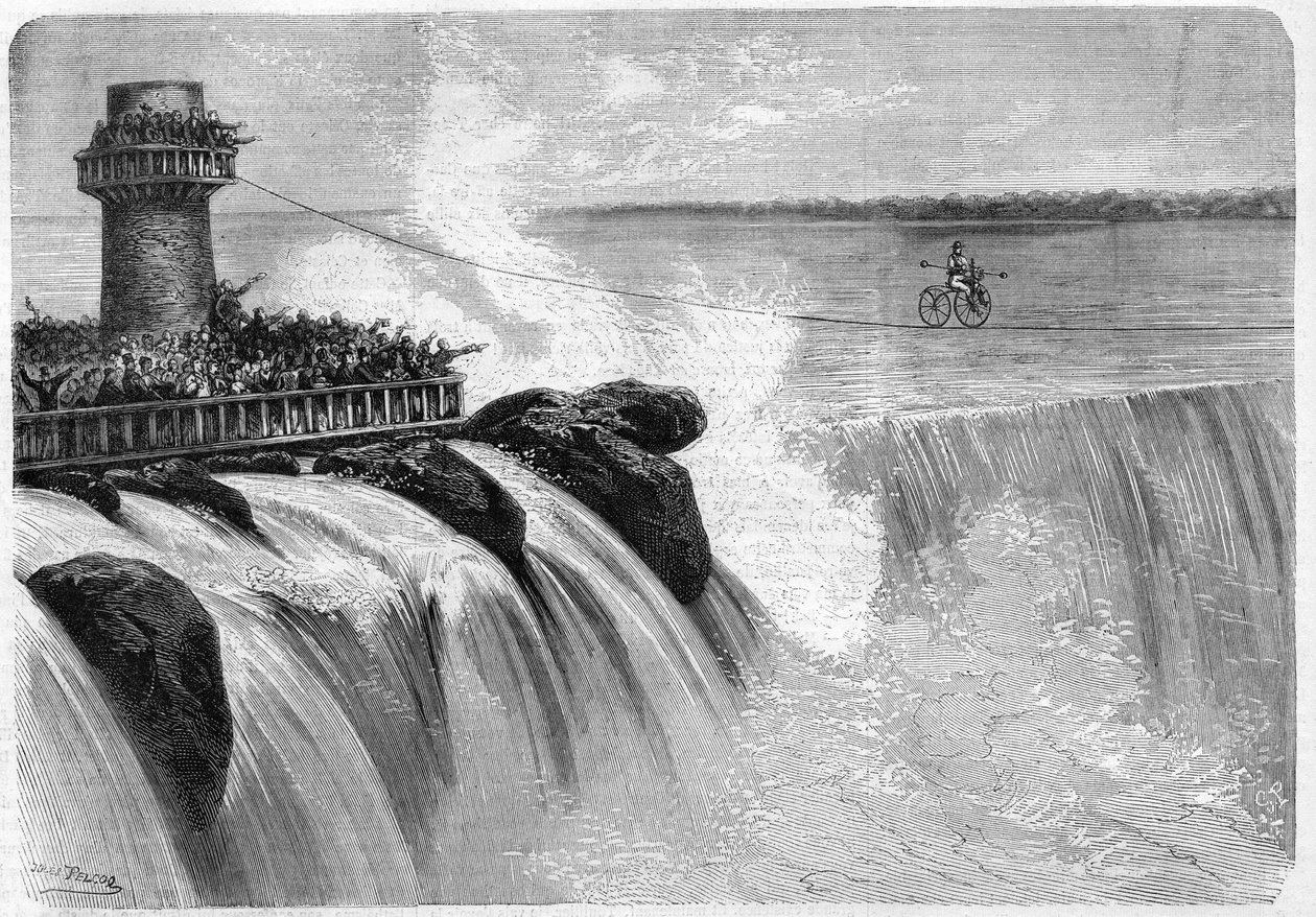 Az amerikai Jenkins átkelt a Niagara-vízesésen egy Velocipede-en 1869-ben. alkotó: Unknown artist