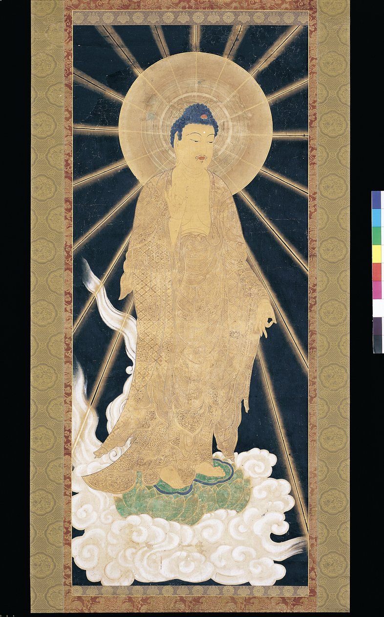 Amitabha (Amida) Triad Descending From Heaven (pigment a konshi-n (kék rizspapír)) alkotó: Unknown artist