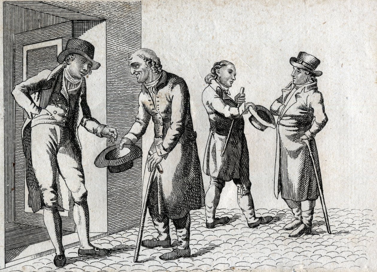 Amone. Koldusok, akik kalappal gondoskodnak az érmék elhelyezéséről. Végmetszet a 18. századból. Magángyűjtemény. alkotó: Unknown artist