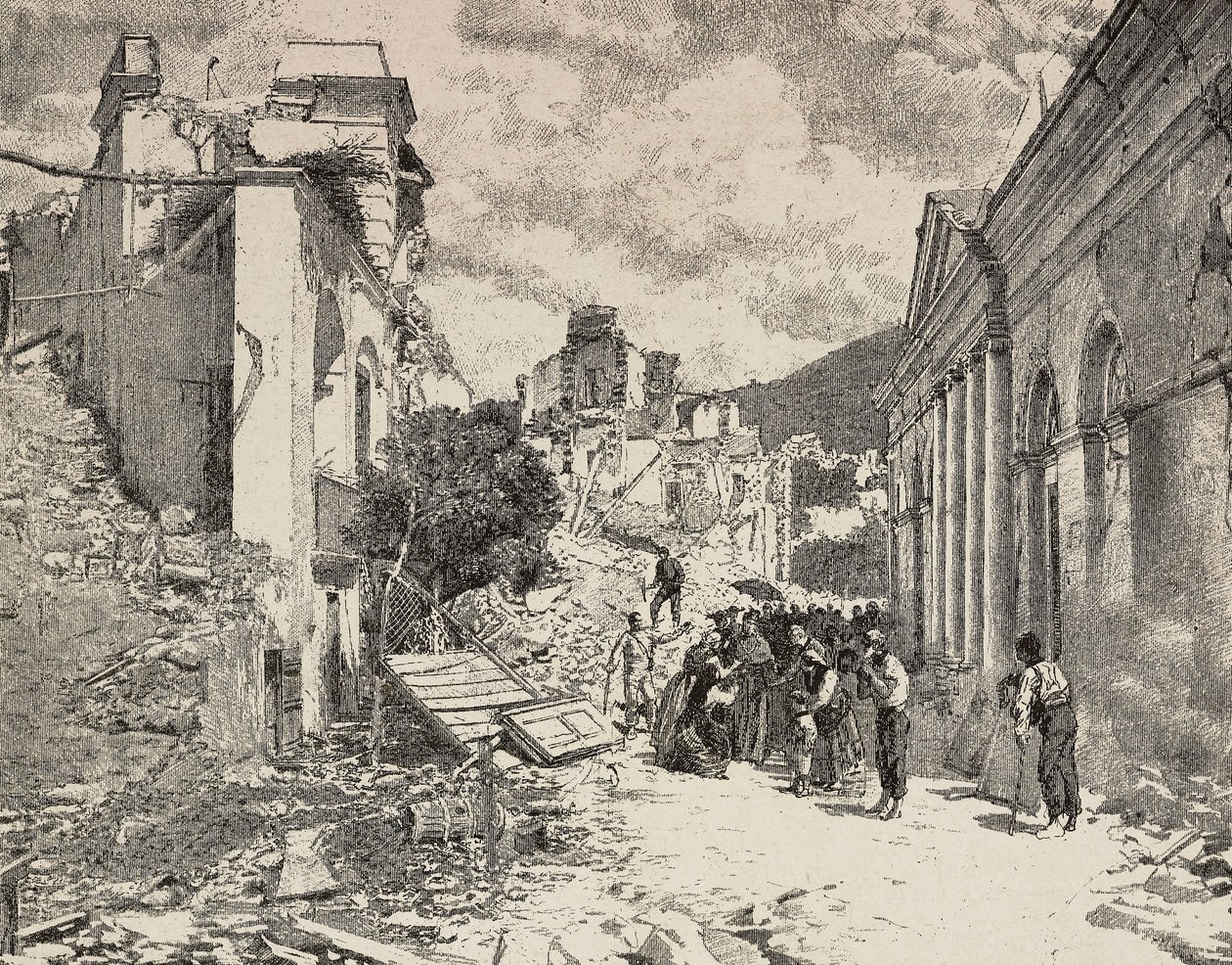 A földrengés utáni romok között Balliazzi tengerparti üdülőhelyen, Olaszországban alkotó: Unknown artist