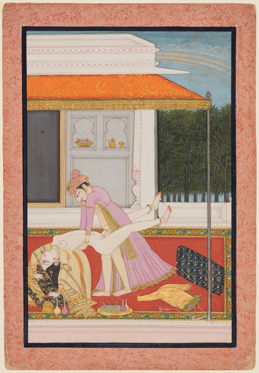 Egy szerelmes pár, valószínűleg a basohli Raja Mahendra Pal (ur. 1806–1813) kedvenc királynőjével alkotó: Unknown artist