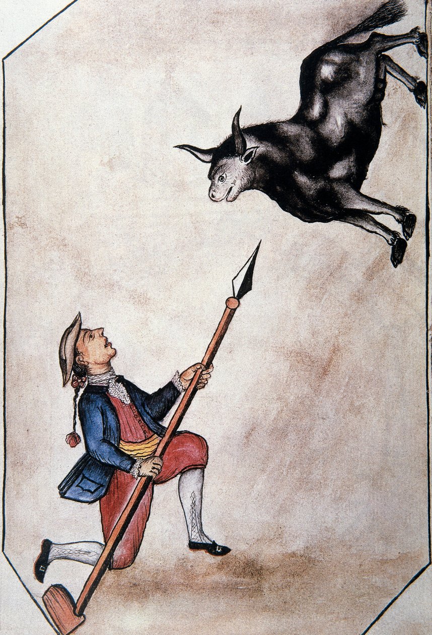 Egy indián, aki lándzsájáról egy bikára mutat, Baltazar Martinez Companion és Bujanda, Trujillo püspöke (1782-1785) "Trujillo of Peru" vagy "Codex Martinez Companion" című könyvéből alkotó: Unknown artist