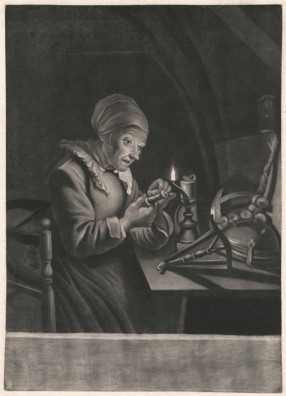 Egy idős nő megjavítja a forgó kerekét alkotó: Unknown artist