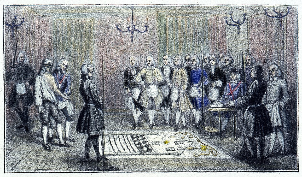 Egy tanoncpáholy Párizsban, 1740 körül: ez a jelenet egy „tanonc” szabadkőműves fogadását ábrázolja (a padlón a tanoncpáholy festménye) - egy korabeli metszet szerint. alkotó: Unknown artist