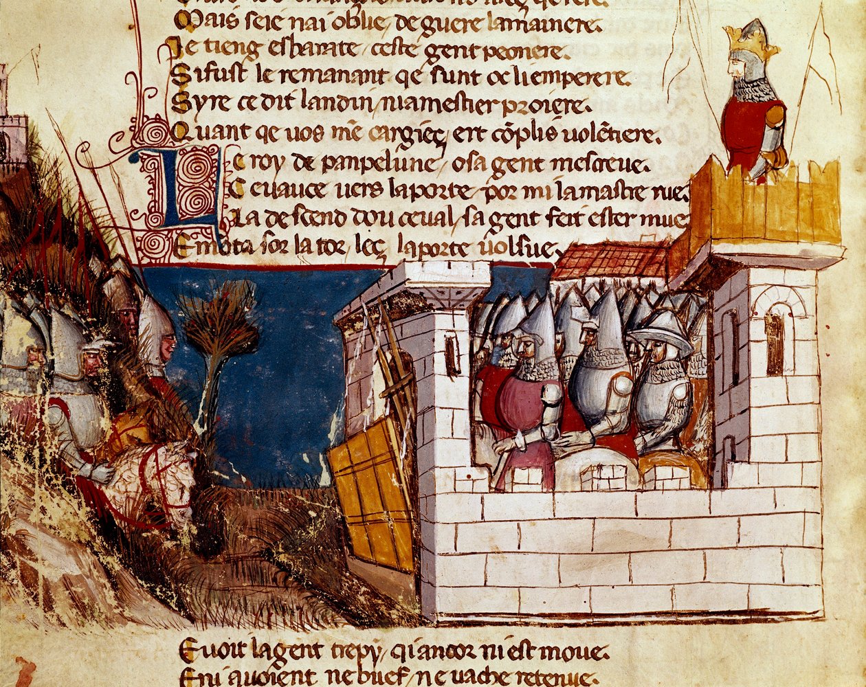 Egy hadsereg (a pamplonai királytól?) egy kastélyban keres menedéket, és felmászik a Miniatűr Levis hídra a „Spanyolország Entrree-jéből”. 14. századi Velence, Biblioteca Marciana. alkotó: Unknown artist