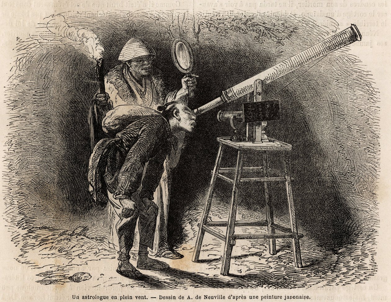 Egy asztrológus az eget kutatja a szabadban a távcsövével. Aime Humbert, a Svájci Államszövetség miniszterének 1863–1864-es japán utazását illusztráló metszet a „Le tour du monde, nouveau Journal des voyages” című kiadványában, amely a dir alatt jelent meg alkotó: Unknown artist